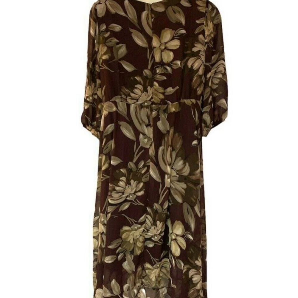 size 22W Gabby Skye Chiffon Wrap Plum Taupe Floral Puff Sleeve Midi Dress - Picture 3 of 10